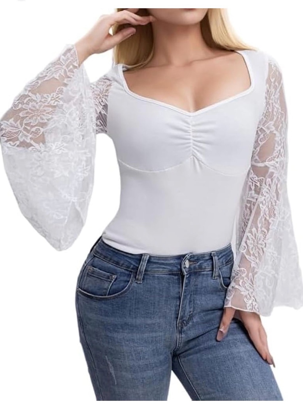 🌸. Lace Bell-Sleeve Sweetheart Neck Women’s Top - White